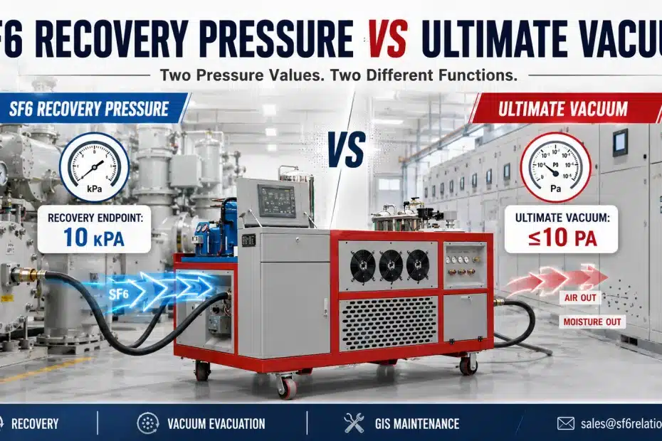 SF6 recovery pressure versus ultimate vacuum in GIS maintenance, showing recovery equipment, pressure stages, and vacuum evacuation