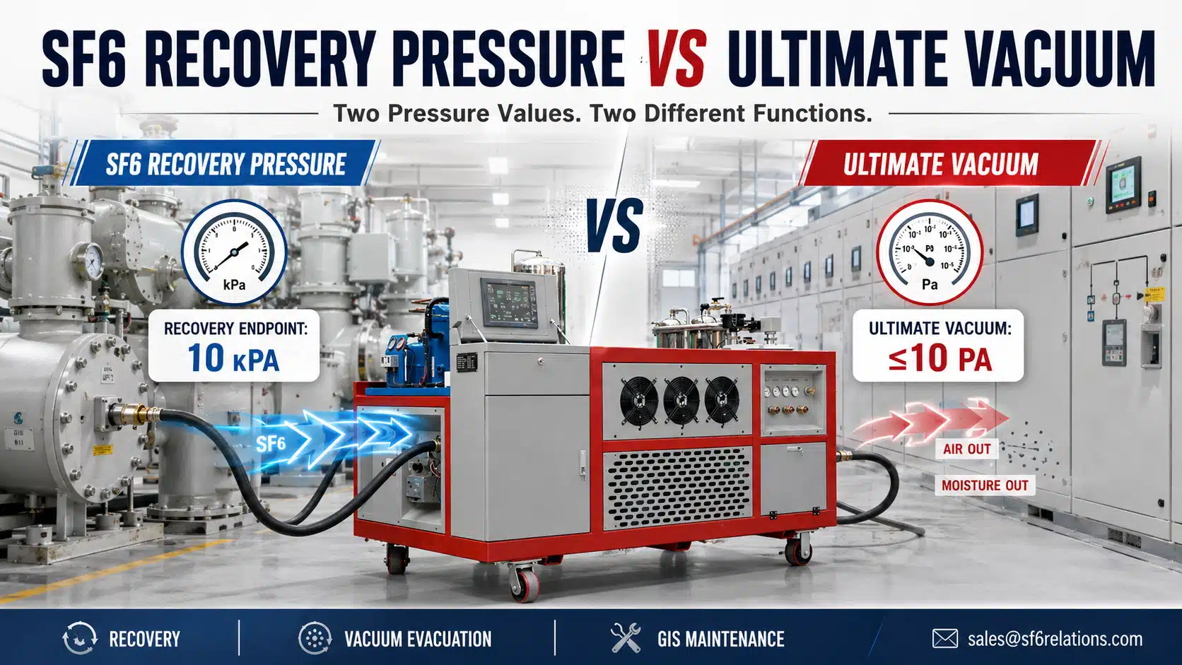 SF6 recovery pressure versus ultimate vacuum in GIS maintenance, showing recovery equipment, pressure stages, and vacuum evacuation