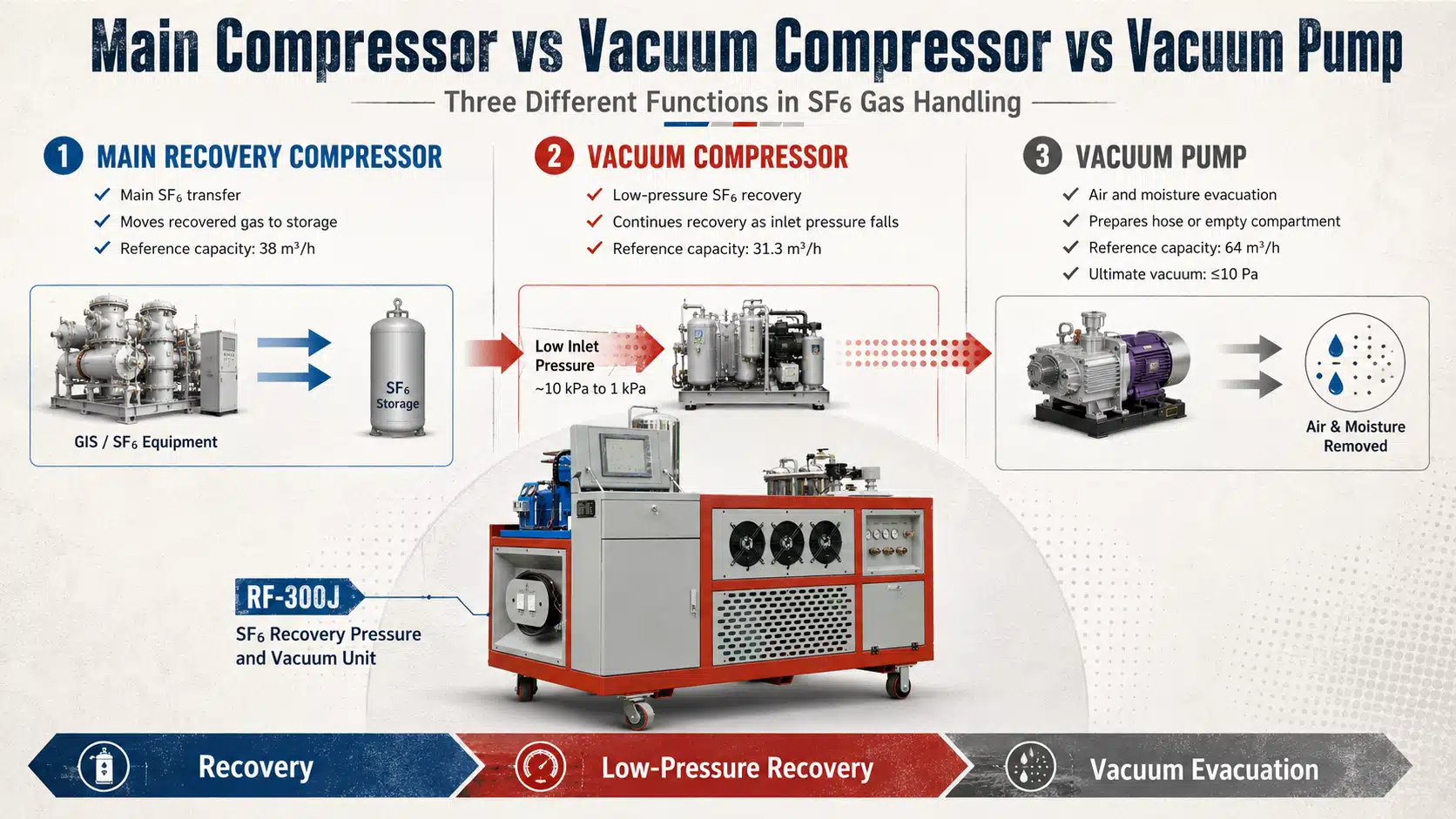 Comparison of the main recovery compressor, vacuum compressor, and vacuum pump used in SF6 gas handling and GIS maintenance