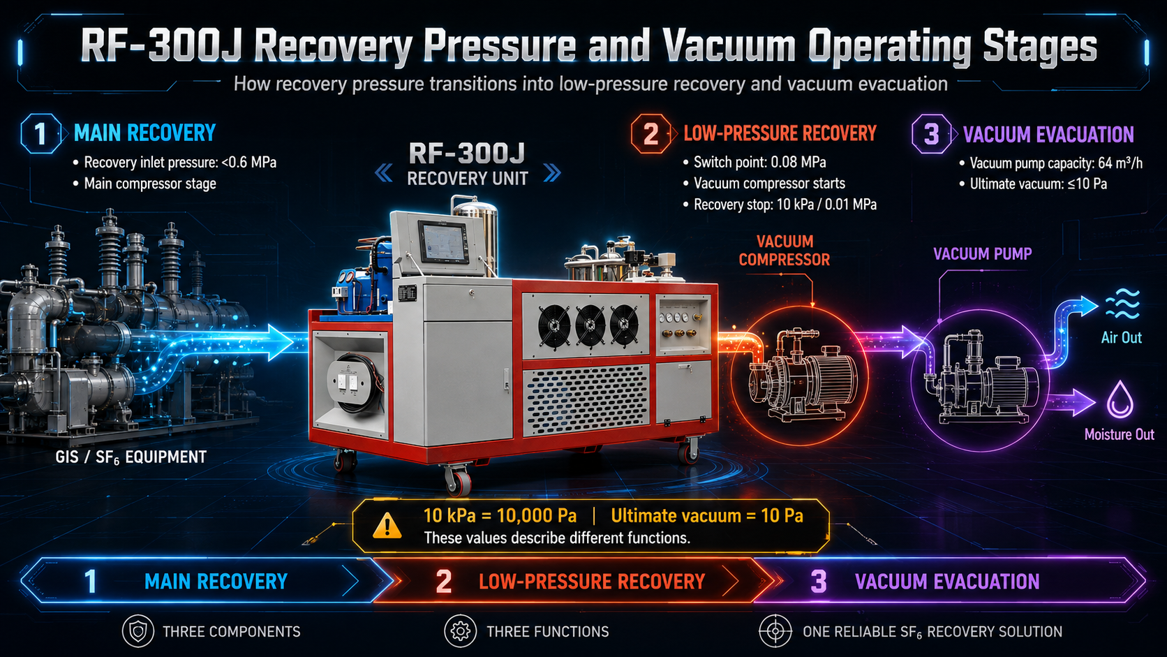 RF-300J SF6 recovery pressure stages showing the 0.08 MPa switch point, 10 kPa recovery endpoint, and ultimate vacuum of 10 Pa