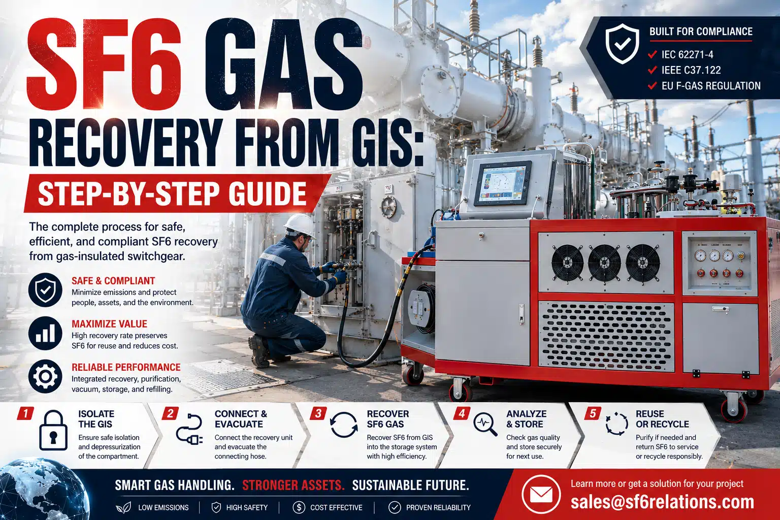 SF6 gas recovery from GIS showing a recovery unit and technician working on gas-insulated switchgear maintenance