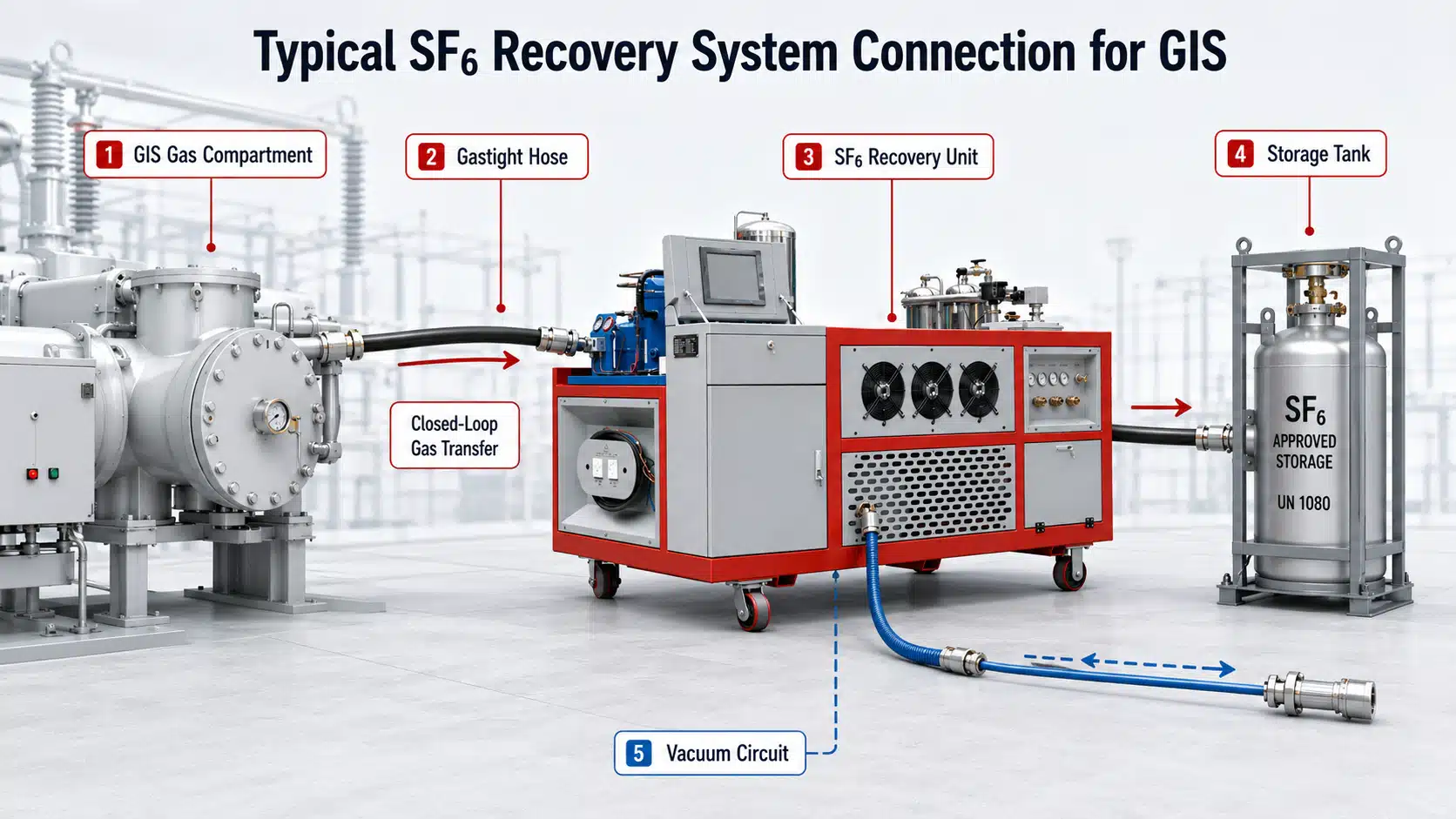 Typical SF6 recovery system connection for GIS showing the gas compartment, recovery unit, storage tank, and vacuum circuit