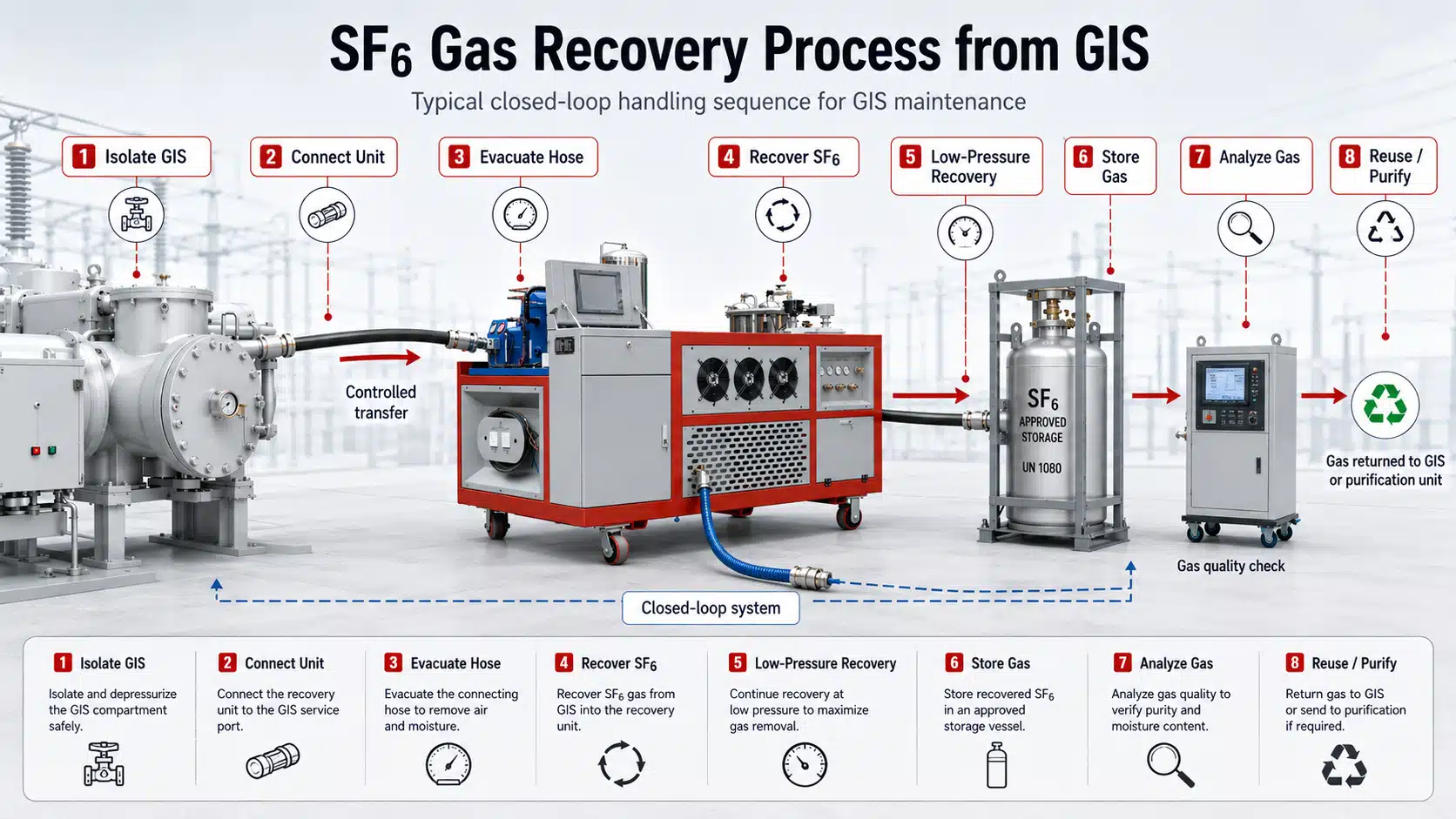 Step-by-step SF6 gas recovery process from GIS including isolation, hose evacuation, recovery, storage, gas analysis, and reuse