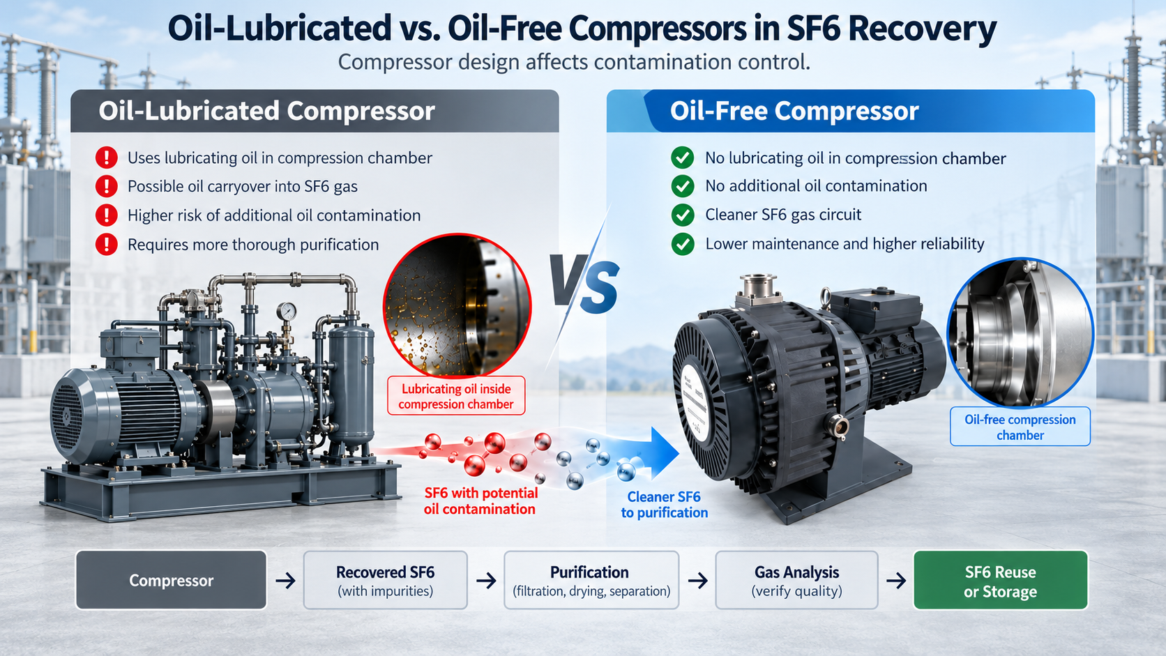 Comparison of oil-lubricated and oil-free compressors showing how compressor design affects oil contamination during SF6 recovery