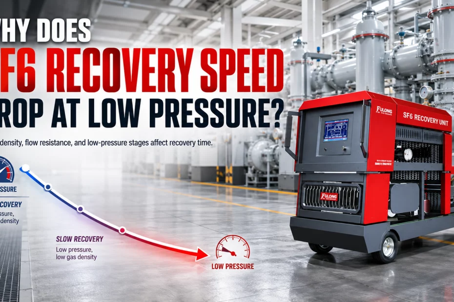 SF6 recovery unit in a GIS maintenance setting showing recovery speed decreasing as source pressure drops