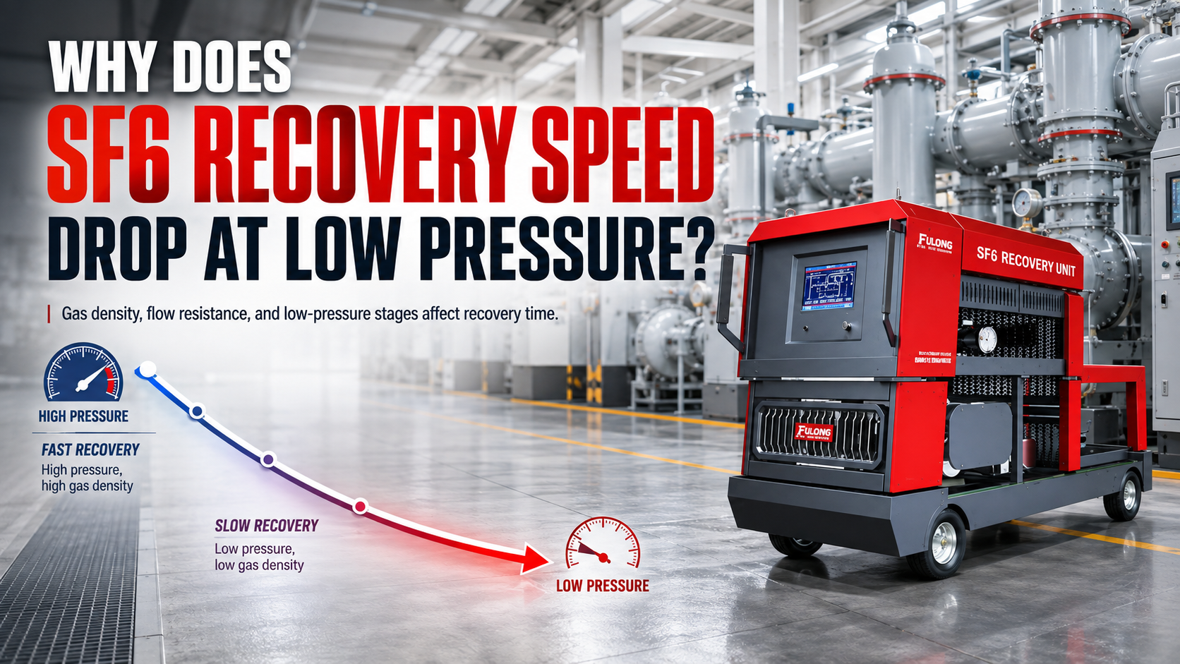 SF6 recovery unit in a GIS maintenance setting showing recovery speed decreasing as source pressure drops