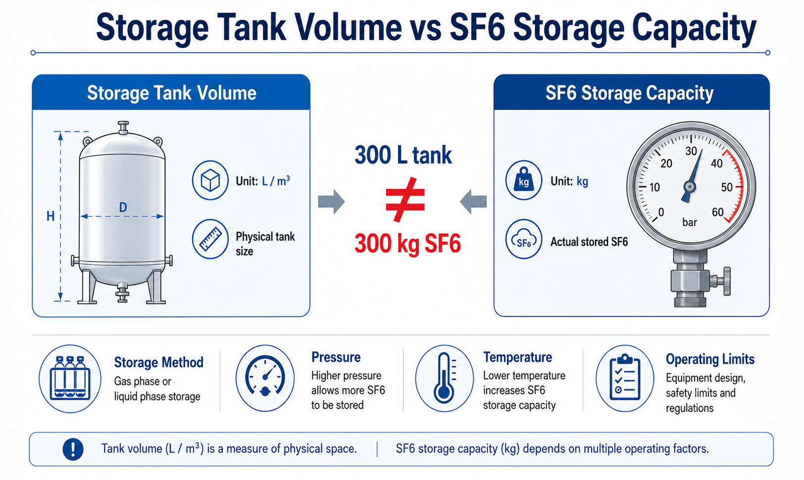 Comparison of storage tank volume and SF6 storage capacity showing that tank volume in liters does not directly equal stored SF6 mass in kilograms