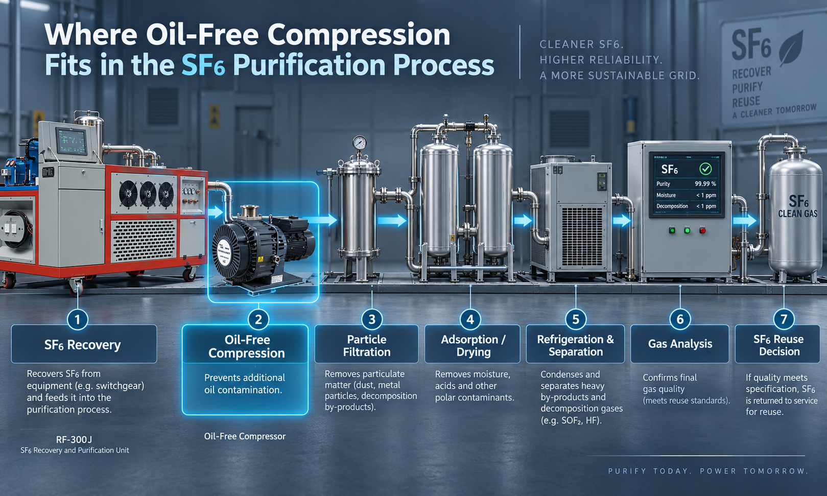 SF6 recovery and purification process showing oil-free compression, filtration, purification, gas analysis, and the final reuse decision