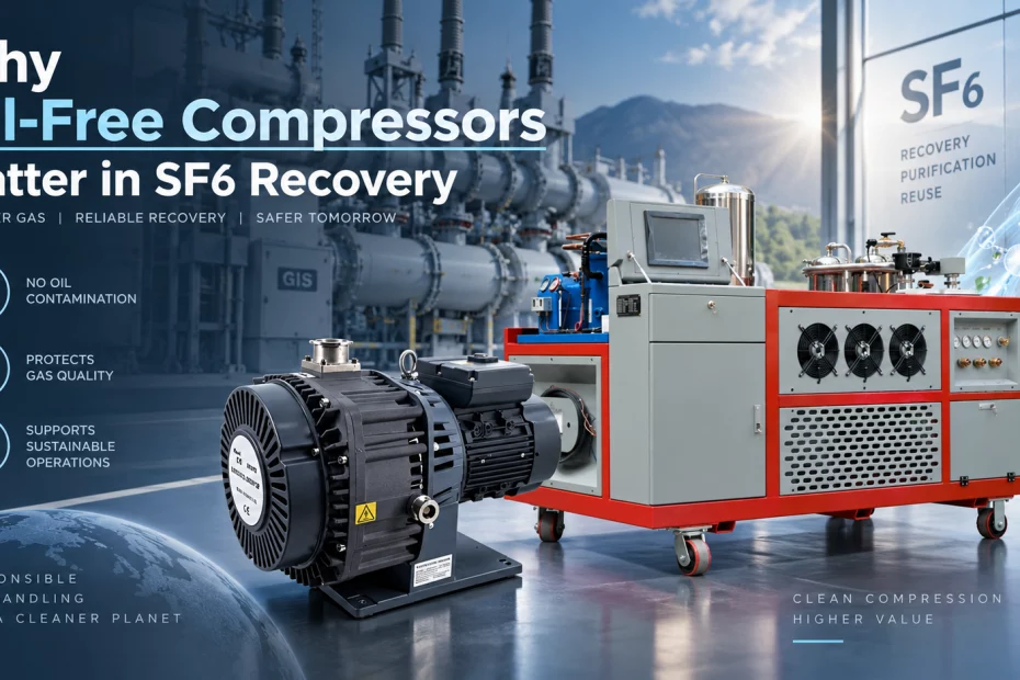 Oil-free compressors and RF-300J SF6 recovery equipment for reducing oil contamination during SF6 recovery