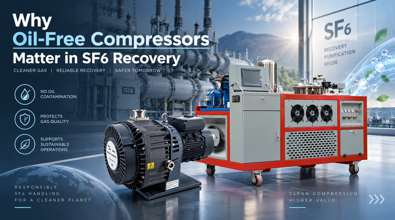 Oil-free compressors and RF-300J SF6 recovery equipment for reducing oil contamination during SF6 recovery